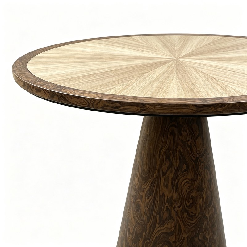 Close-up of the solid timber edge band and the tapered conical pedestal below the top