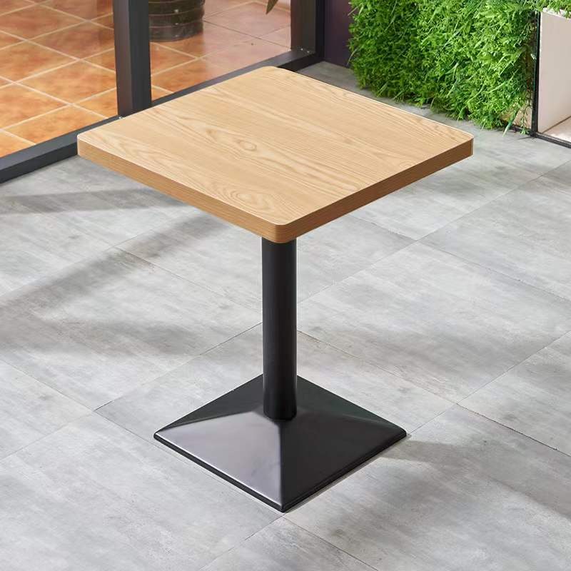 Square version with an oak-grain top on a single column and a square pyramid plate