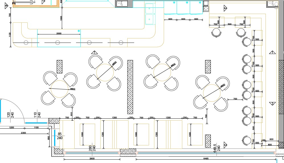 Restaurant floor plan with four-top tables, round tables and banquette runs, dimensioned for seat clearance and aisle width
